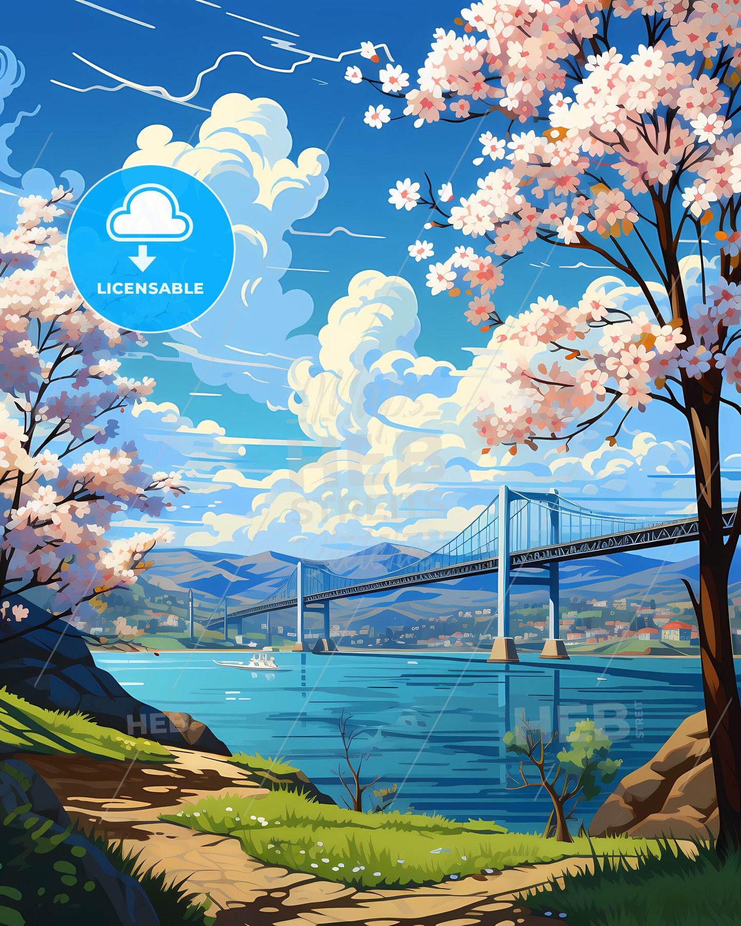 Modern Art Pyeongtaek South Korea Skyline Painting Seascape Sky City Bridge Trees Mountains