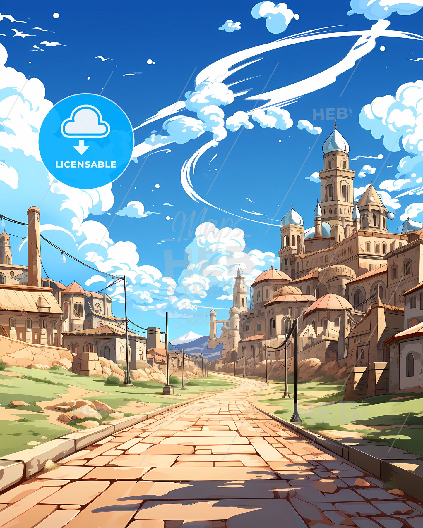 Vibrant Watercolor Painting of Qamishli Skyline Depicting Cityscape and Road