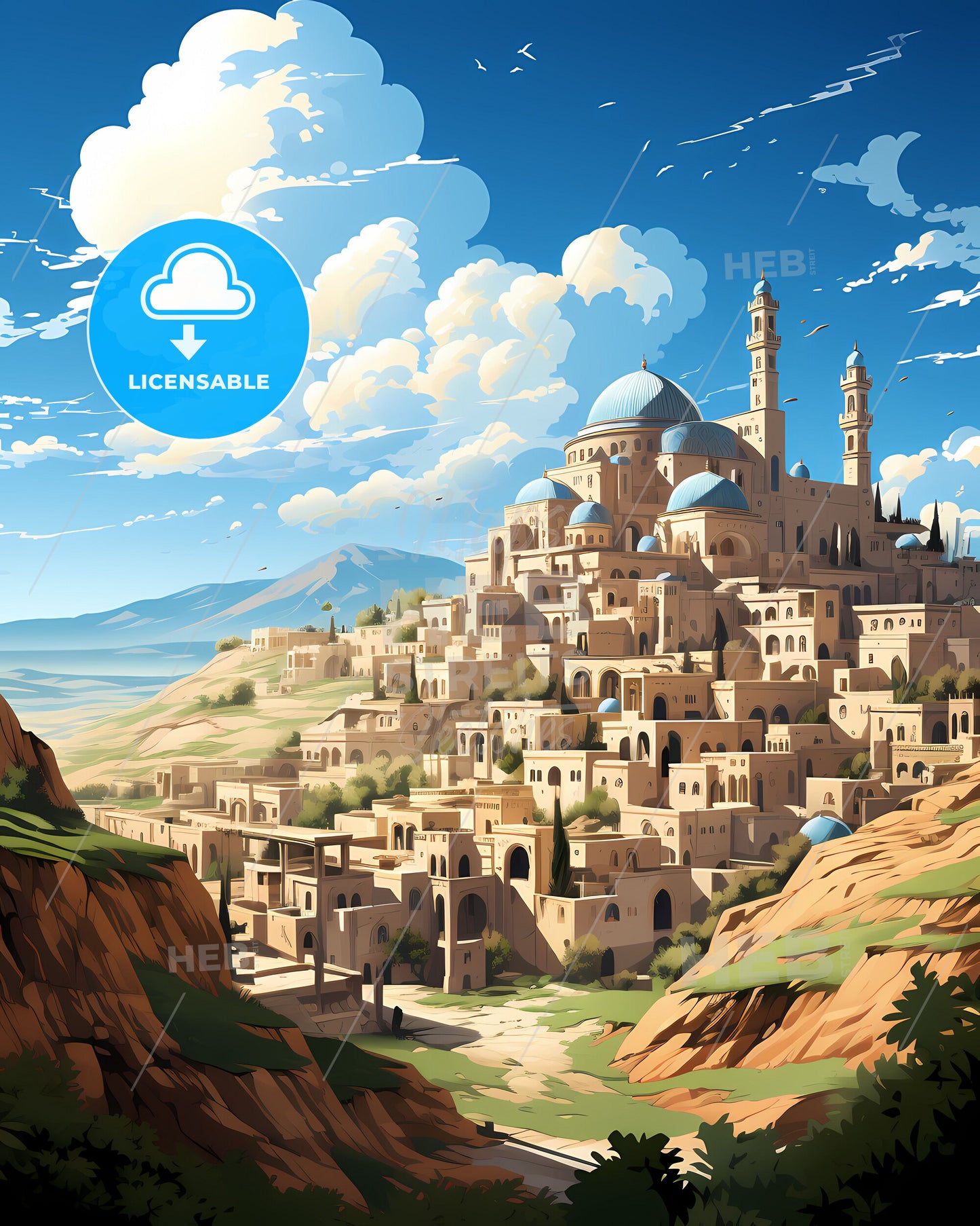 Qamishli, Syria Skyline - a cartoonish cityscape painting, focusing on the artistic style with a vibrant palette