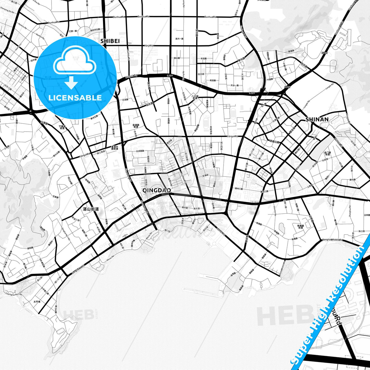 Qingdao, China Light Map with Street Names, City Names, and Districts