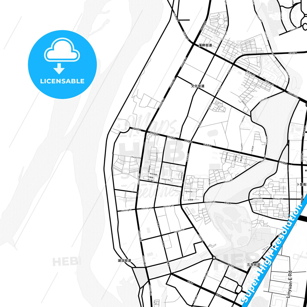 Qiqihar, China Light Map with Street Names, City Names, and Districts