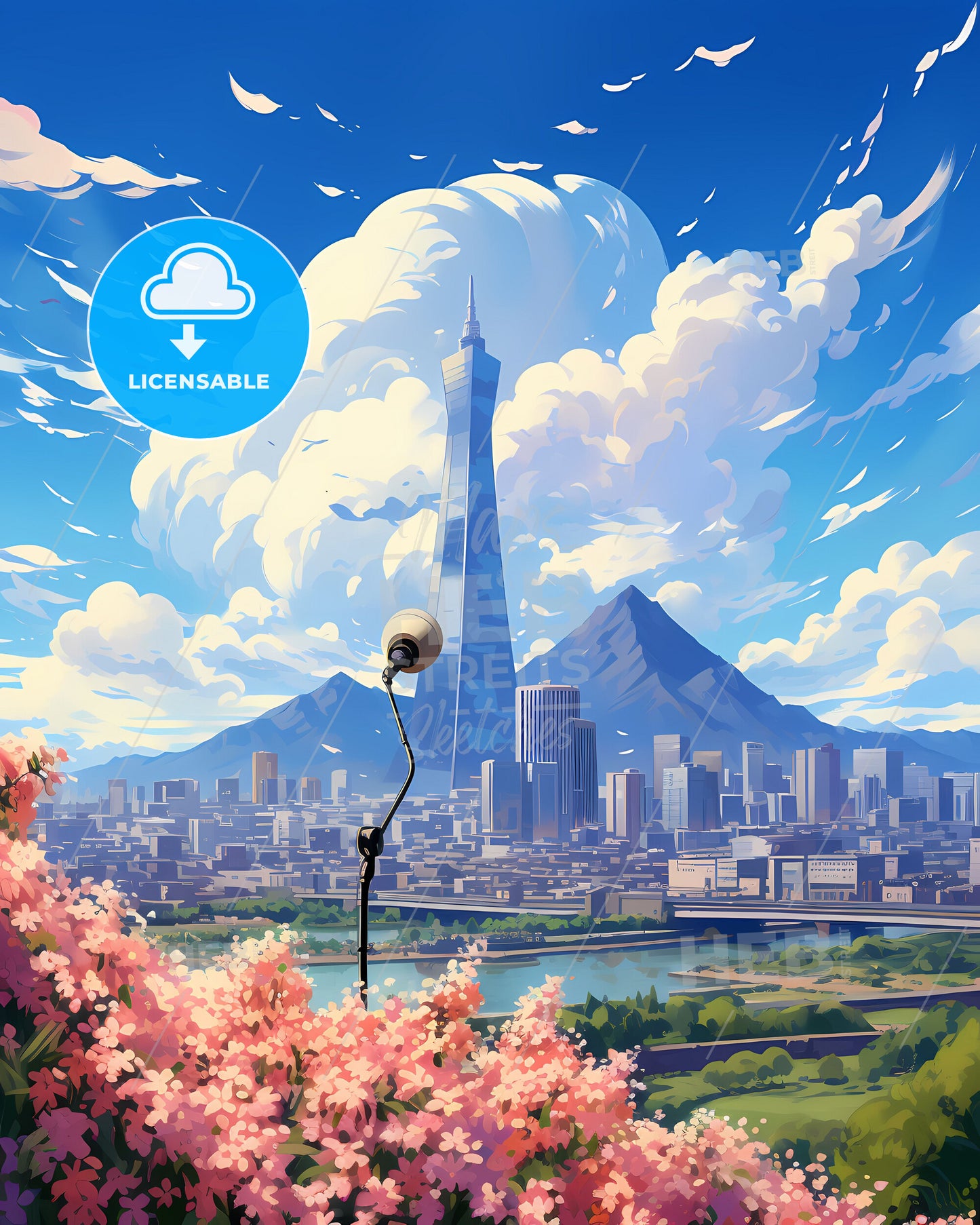 Cityscape Painting of Qiqihar Skyline with Tower and Mountains