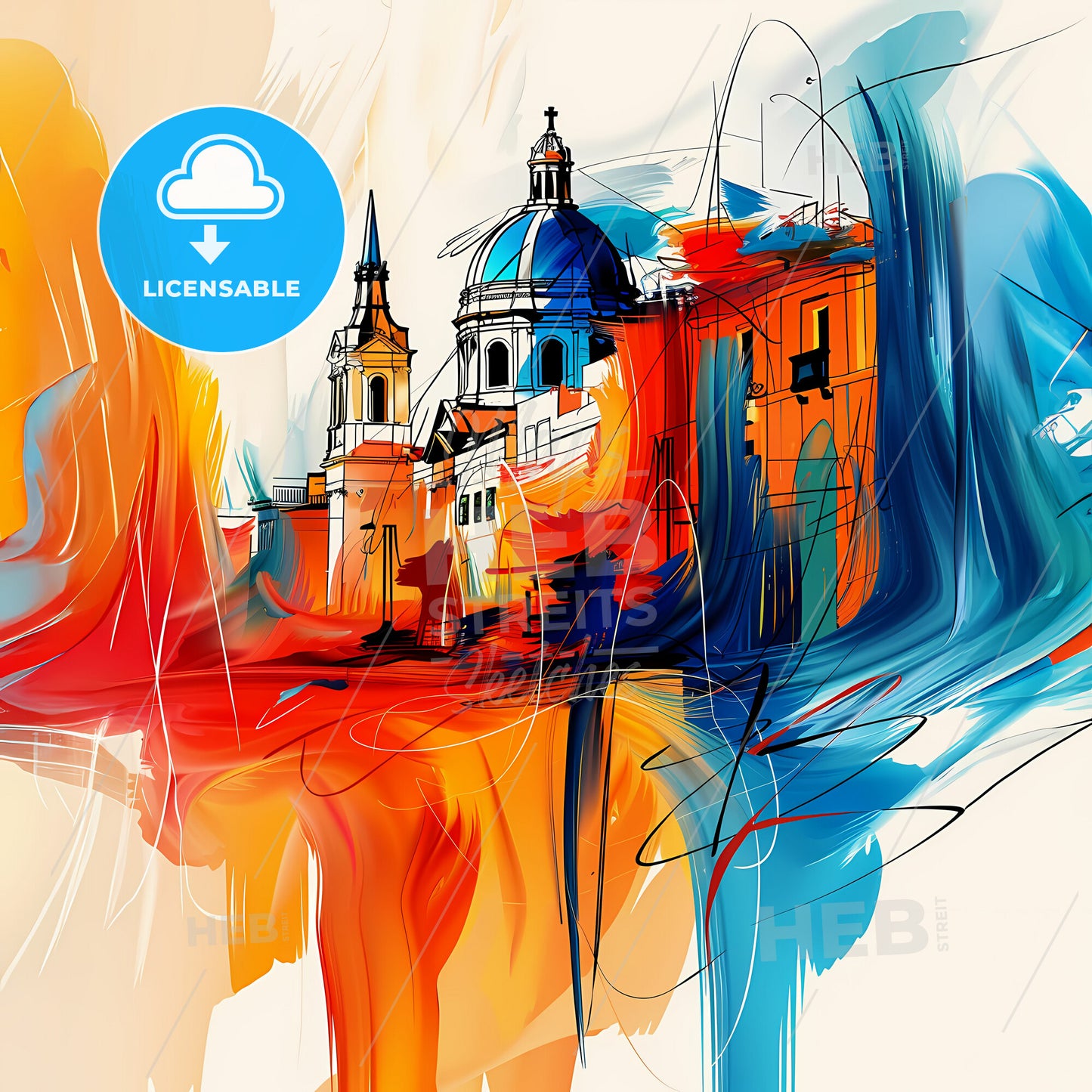 Vibrant Qormi, Malta - A Painting Of A Building With A Dome And A Blue Sky