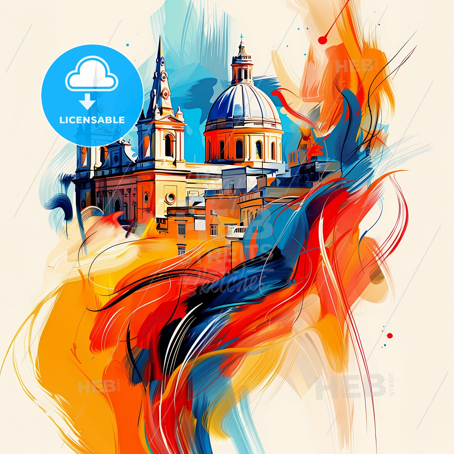 Vibrant Qormi, Malta - A Painting Of A Building With A Colorful Background