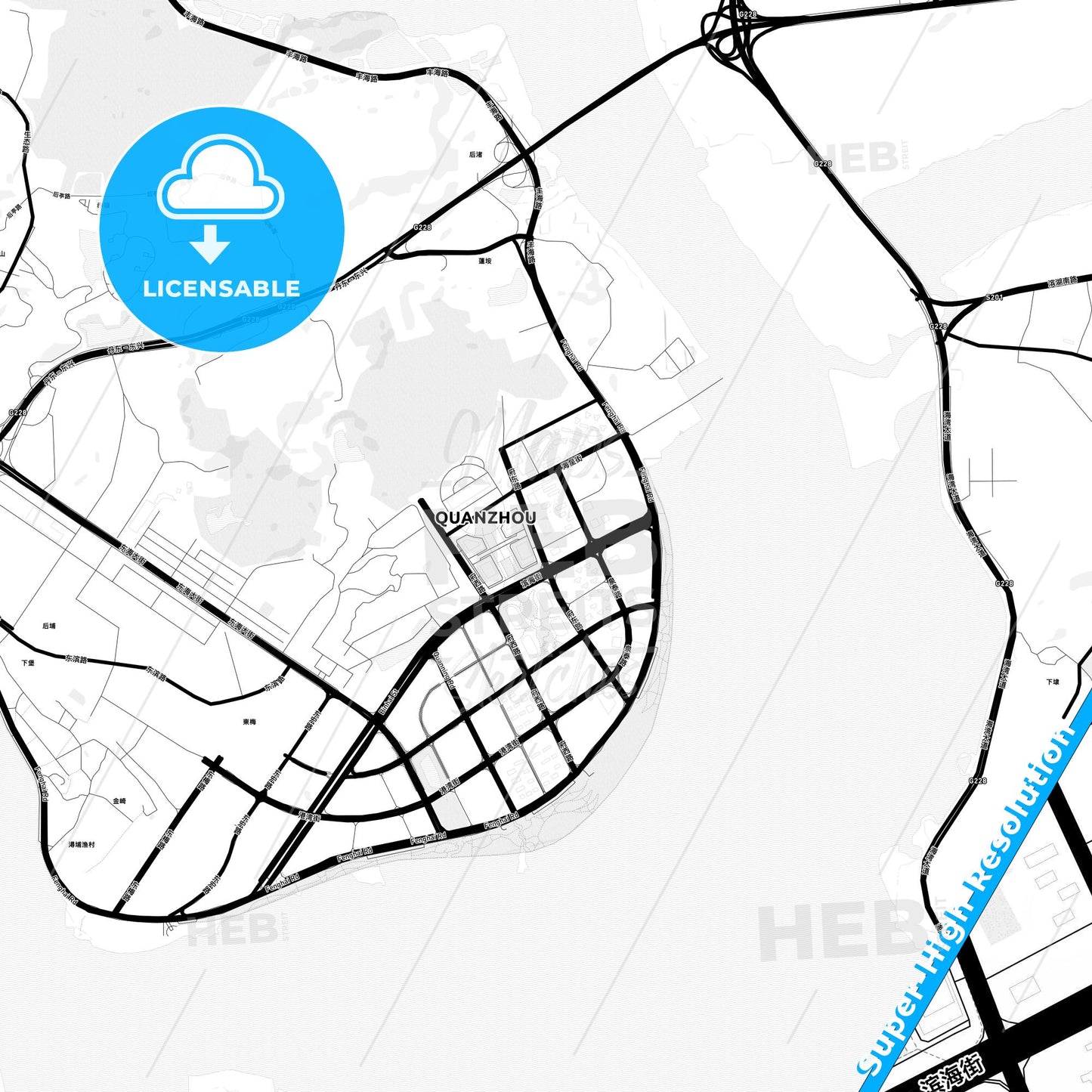 Quanzhou, China Light Map with Street Names, City Names, and Districts