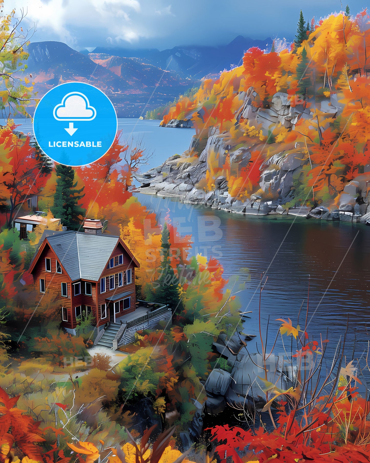 Vibrant Painting of House by Lake Scenic Quebec Canada