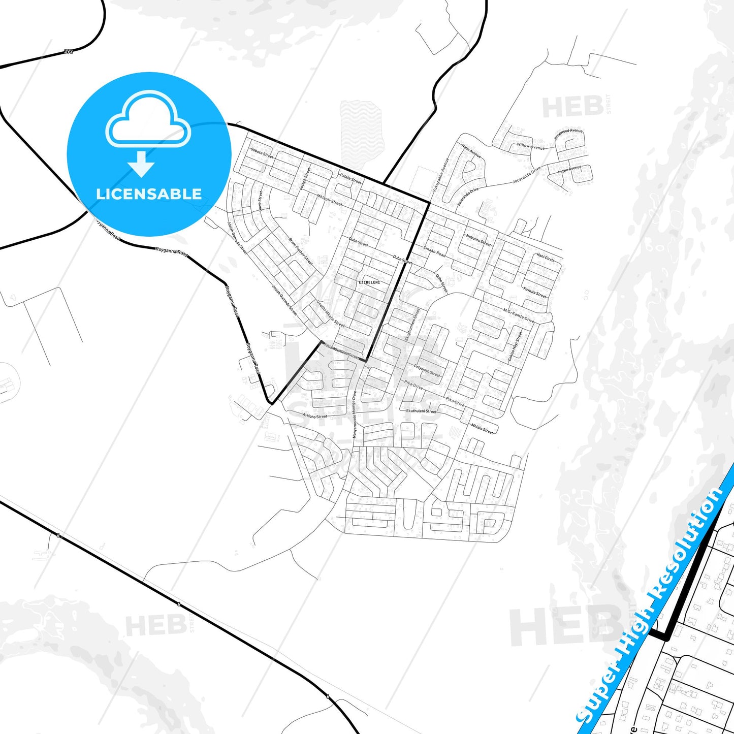 Queenstown, South Africa Light Map with Street Names, City Names, and Districts