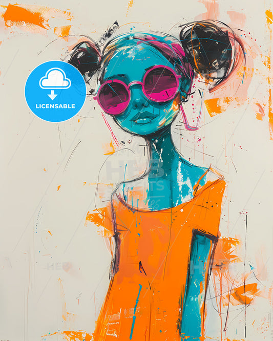 Abstract Pastel Hues Expressionism - Whimsical Colorful Painting of Woman in Pink Sunglasses