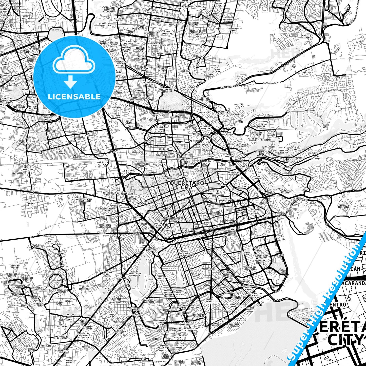 Querétaro, Mexico Light Map with Street Names, City Names, and Districts