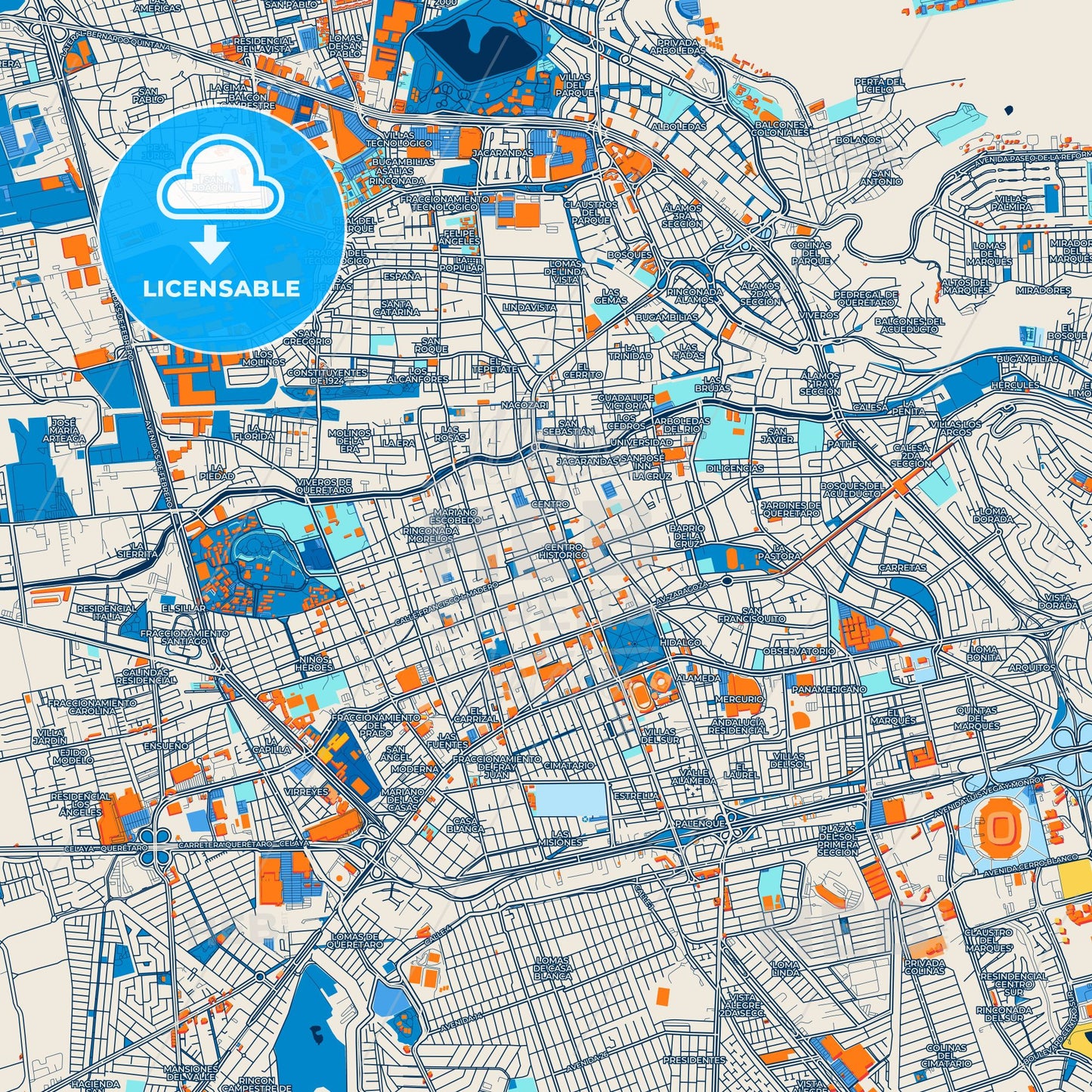 Colorful Querétaro Street Map with Labels and Buildings