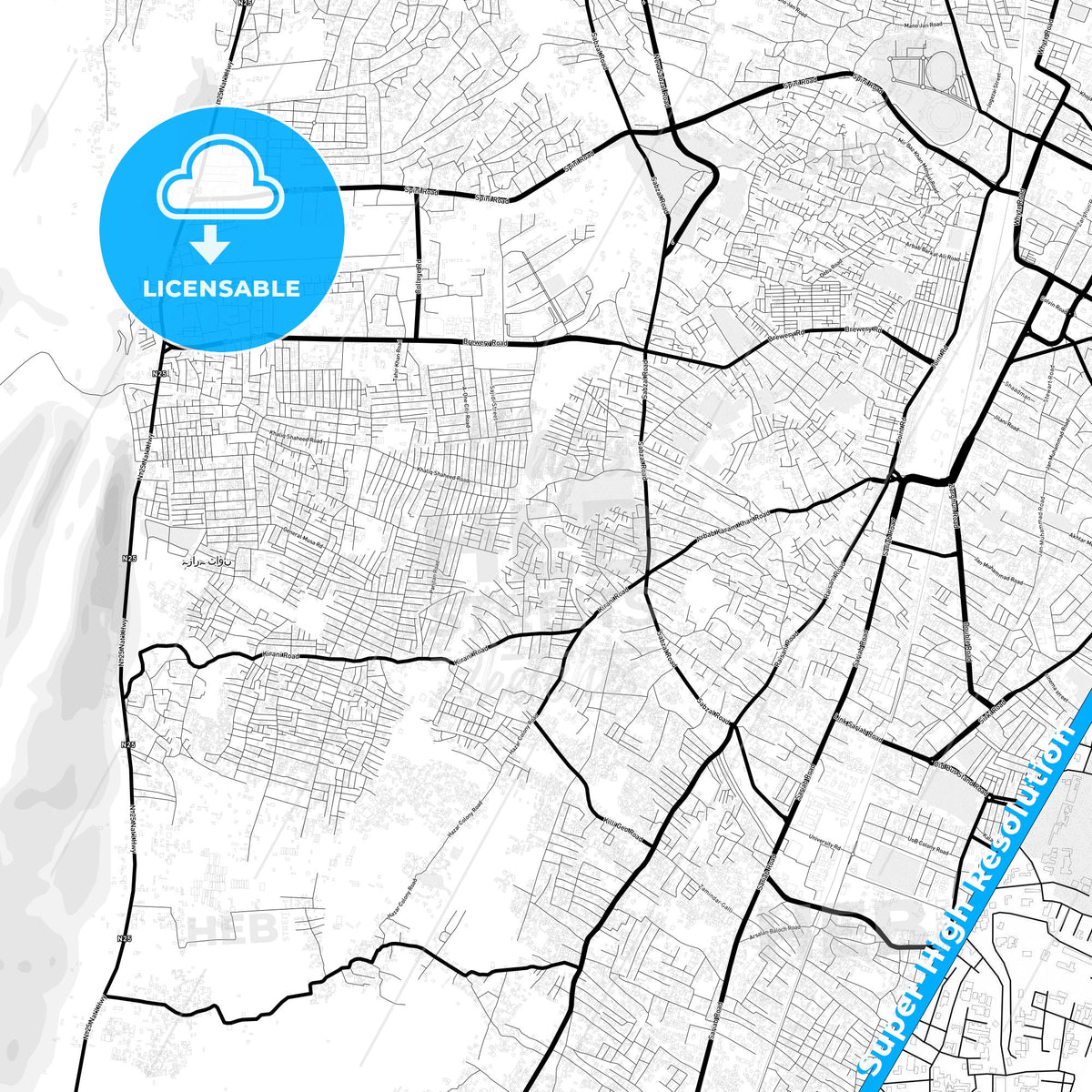 Quetta, Pakistan Light Map with Street Names, City Names, and Districts