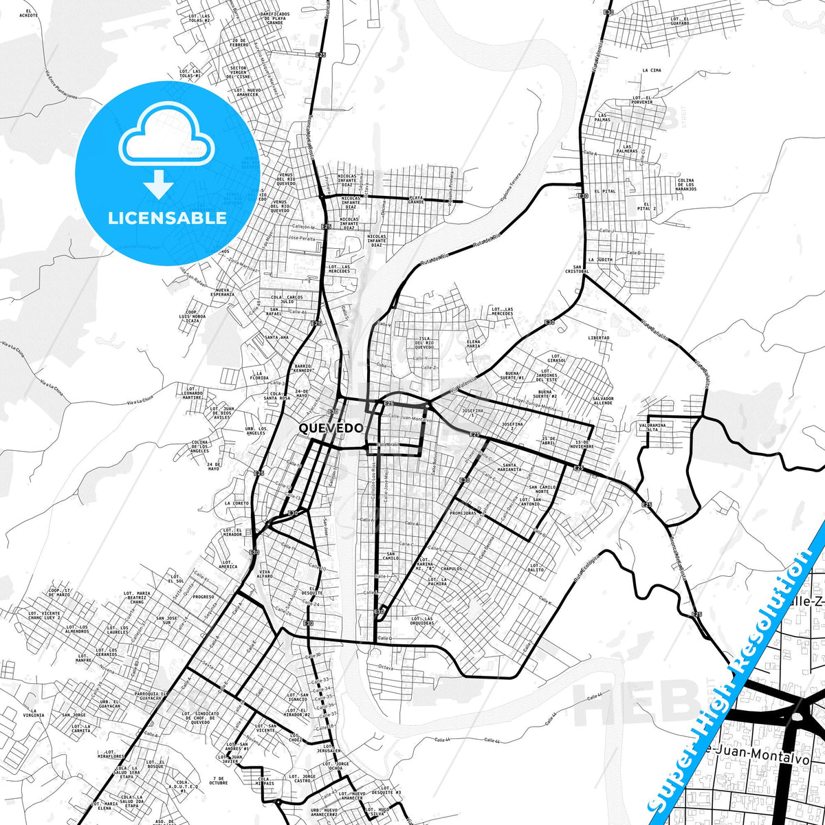 Quevedo, Ecuador Light Map with Street Names, City Names, and Districts
