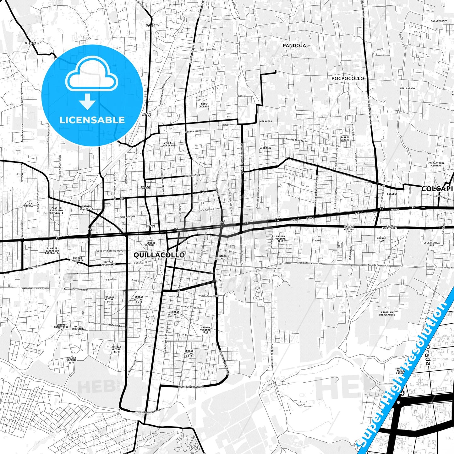 Quillacollo, Bolivia Light Map with Street Names, City Names, and Districts