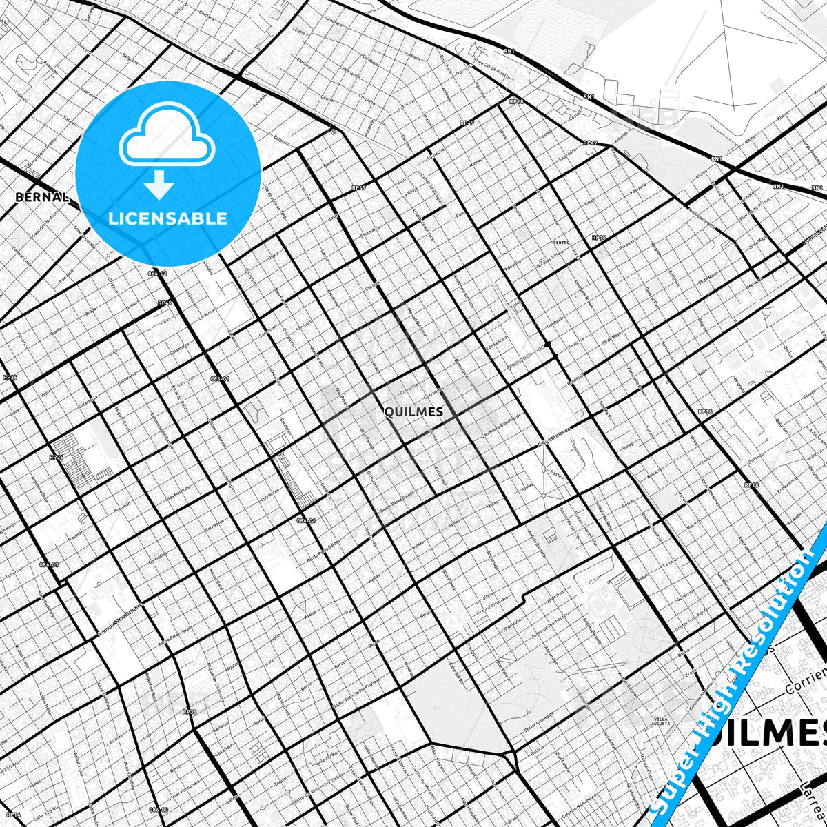 Quilmes, Argentina Light Map with Street Names, City Names, and Districts
