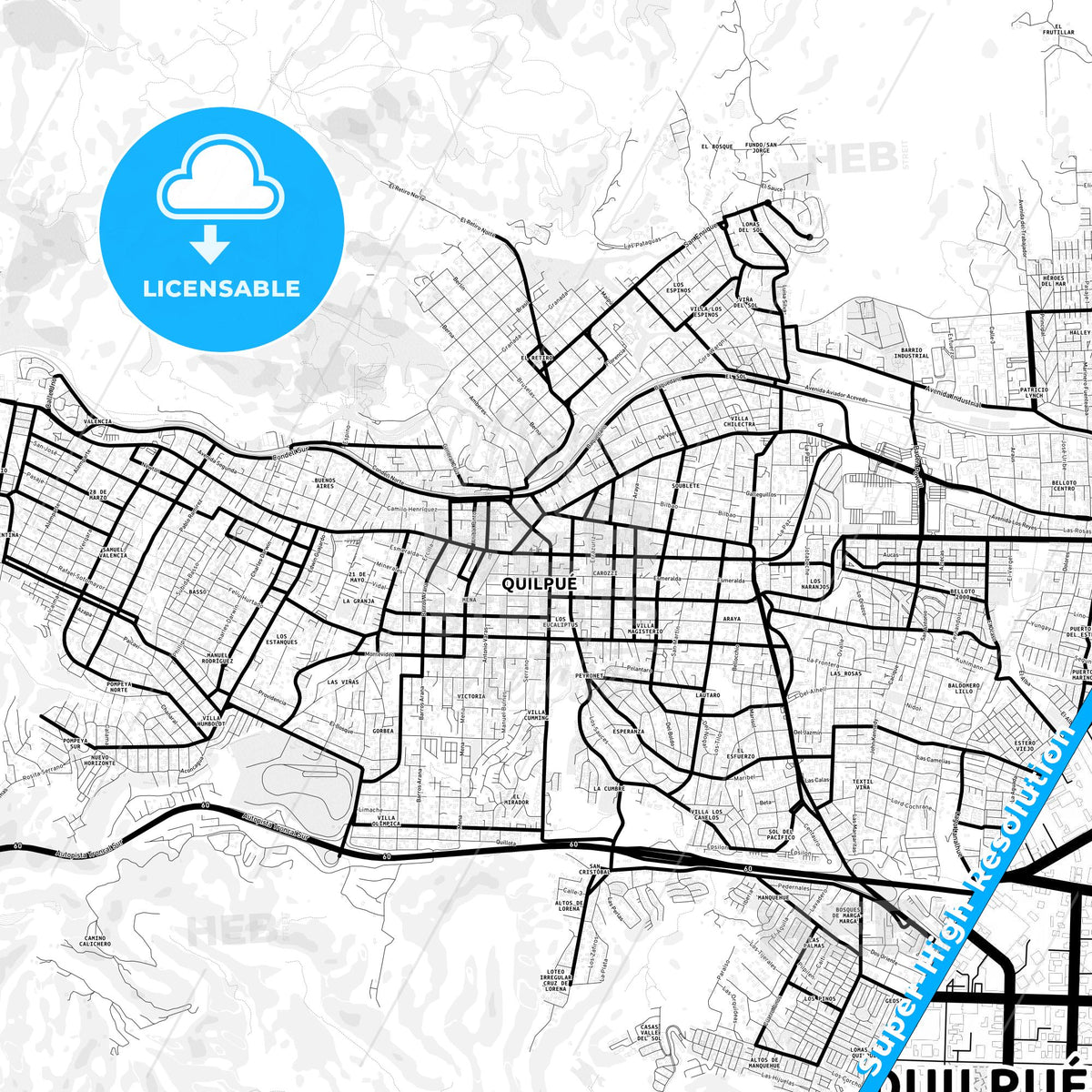 Quilpue, Chile Light Map with Street Names, City Names, and Districts