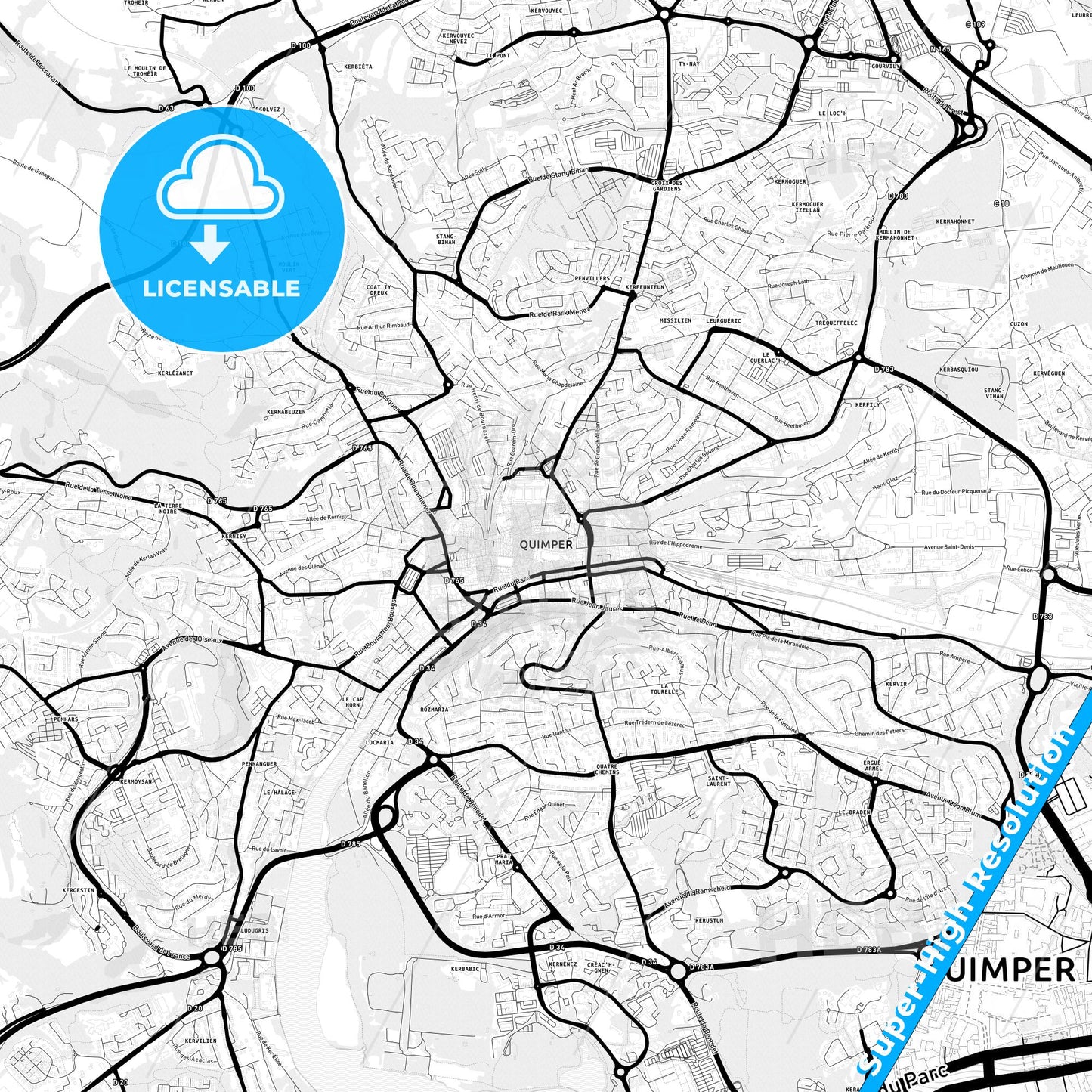 Quimper, France Light Map with Street Names, City Names, and Districts