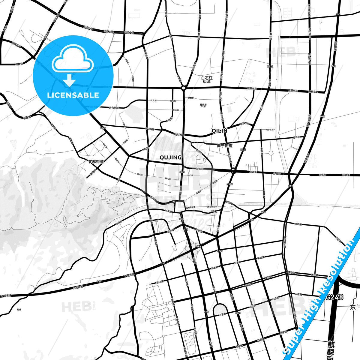 Qujing, China Light Map with Street Names, City Names, and Districts