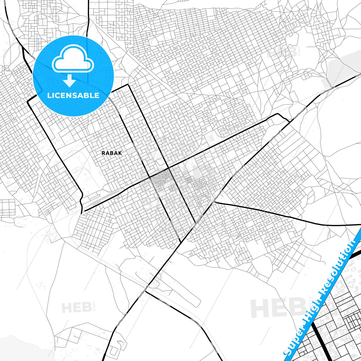Rabak, Sudan Light Map with Street Names, City Names, and Districts