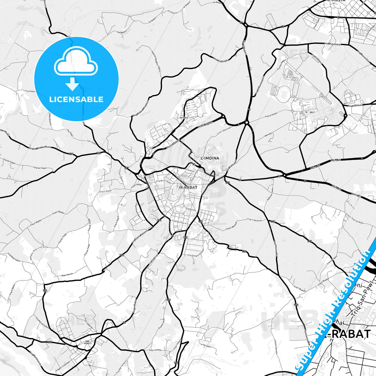 Rabat, Malta Light Map with Street Names, City Names, and Districts