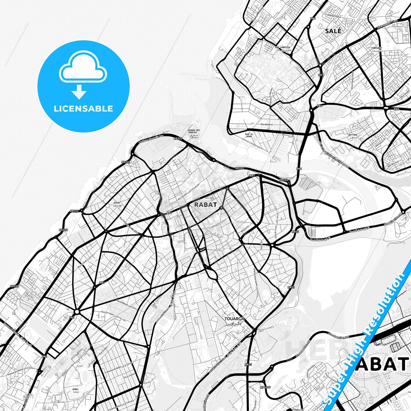 Rabat, Morocco Light Map with Street Names, City Names, and Districts