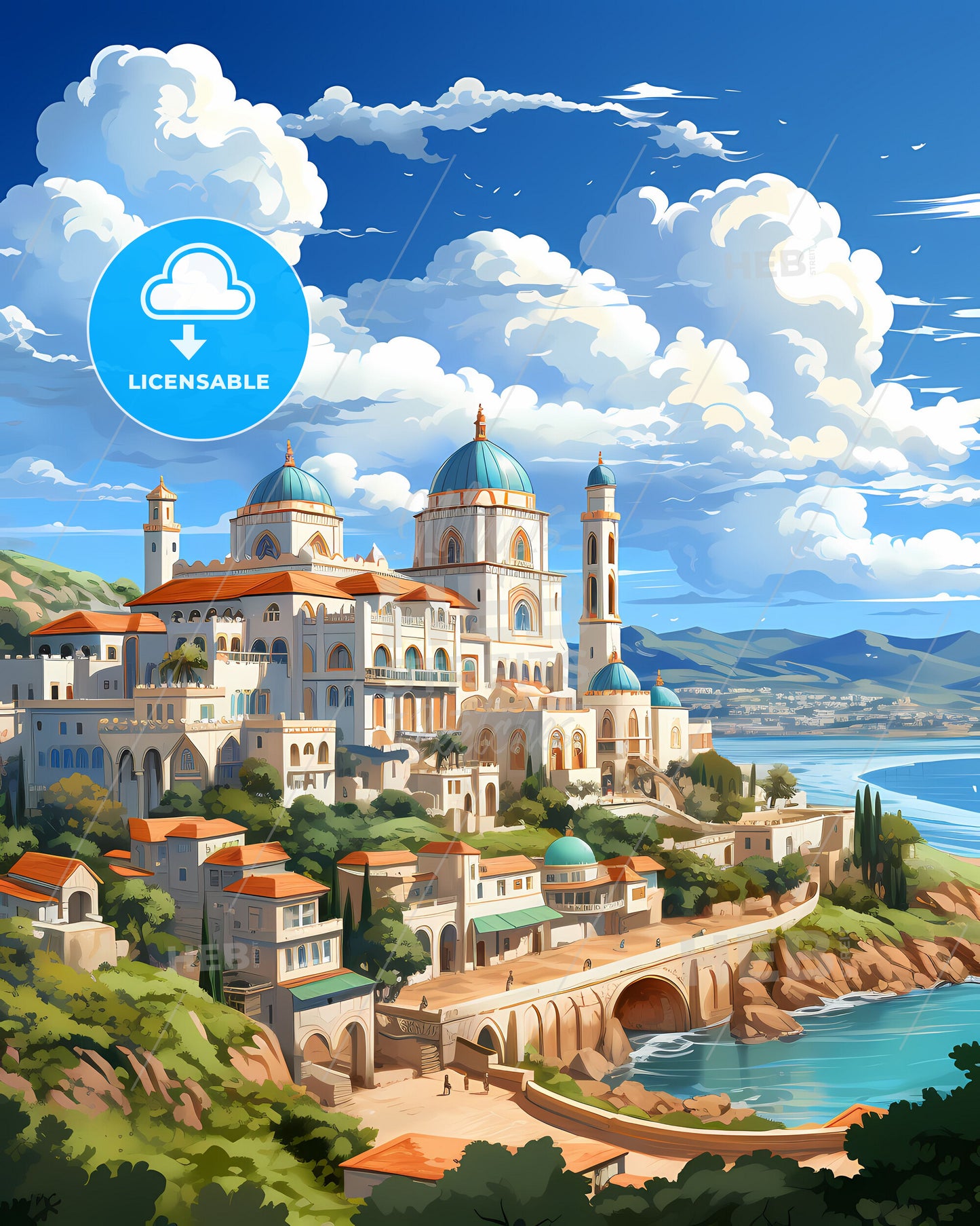 Rabat Morocco Skyline Vibrant Painting Architecture Hill Water Blue Sky Art