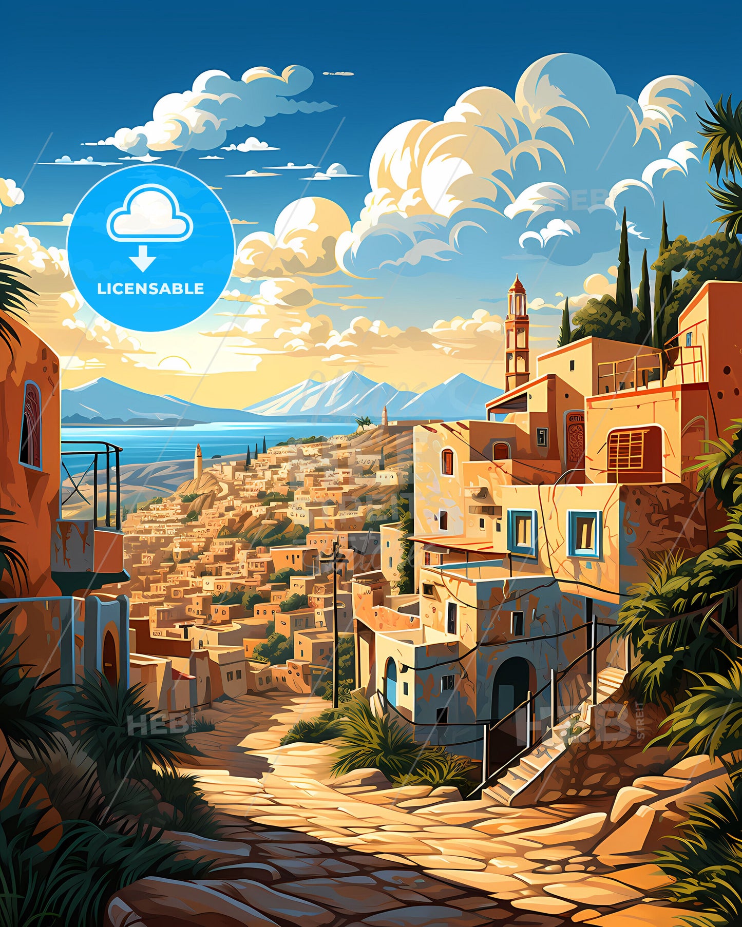 Colorful Cityscape Art Print - Rabat Morocco Skyline with Buildings and Trees