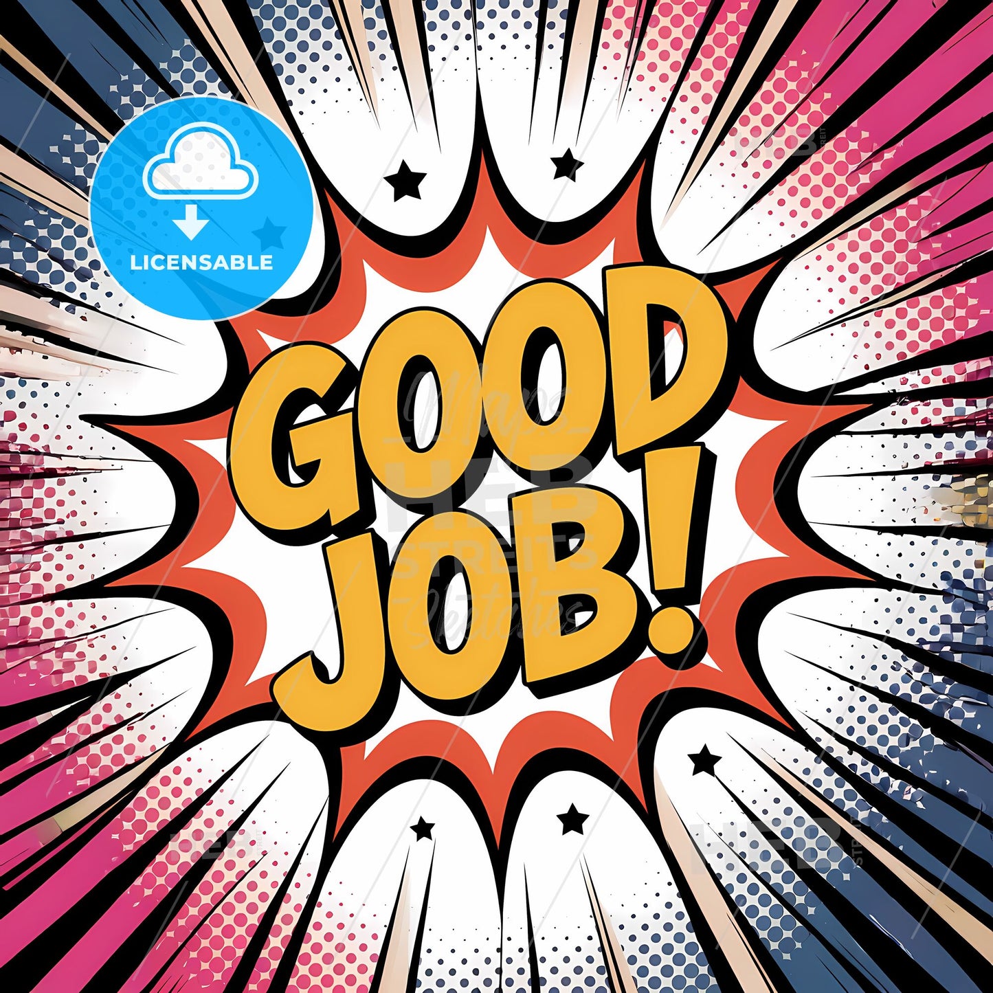 Radiant Comic Burst: Celebratory Good Job! in Bold Colors