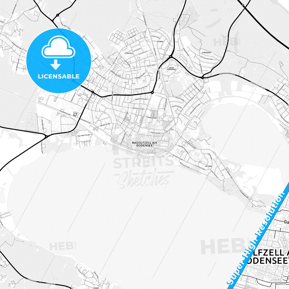 Radolfzell am Bodensee, Germany Light Map with Street Names, City Names, and Districts