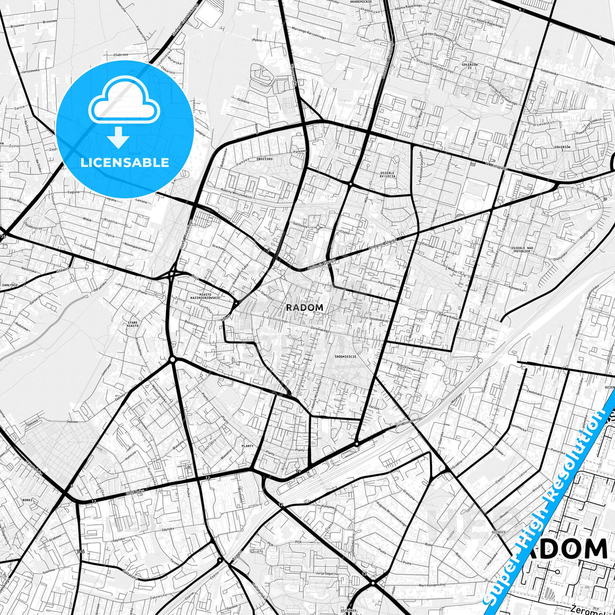 Radom, Poland Light Map with Street Names, City Names, and Districts