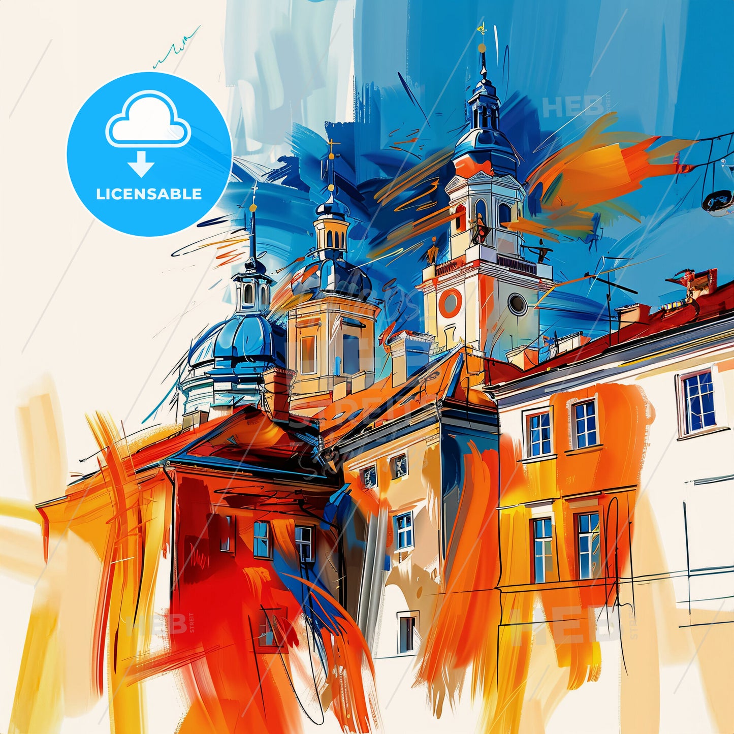 Vibrant Radom, Poland - A Painting Of A Building With A Tower And Towers