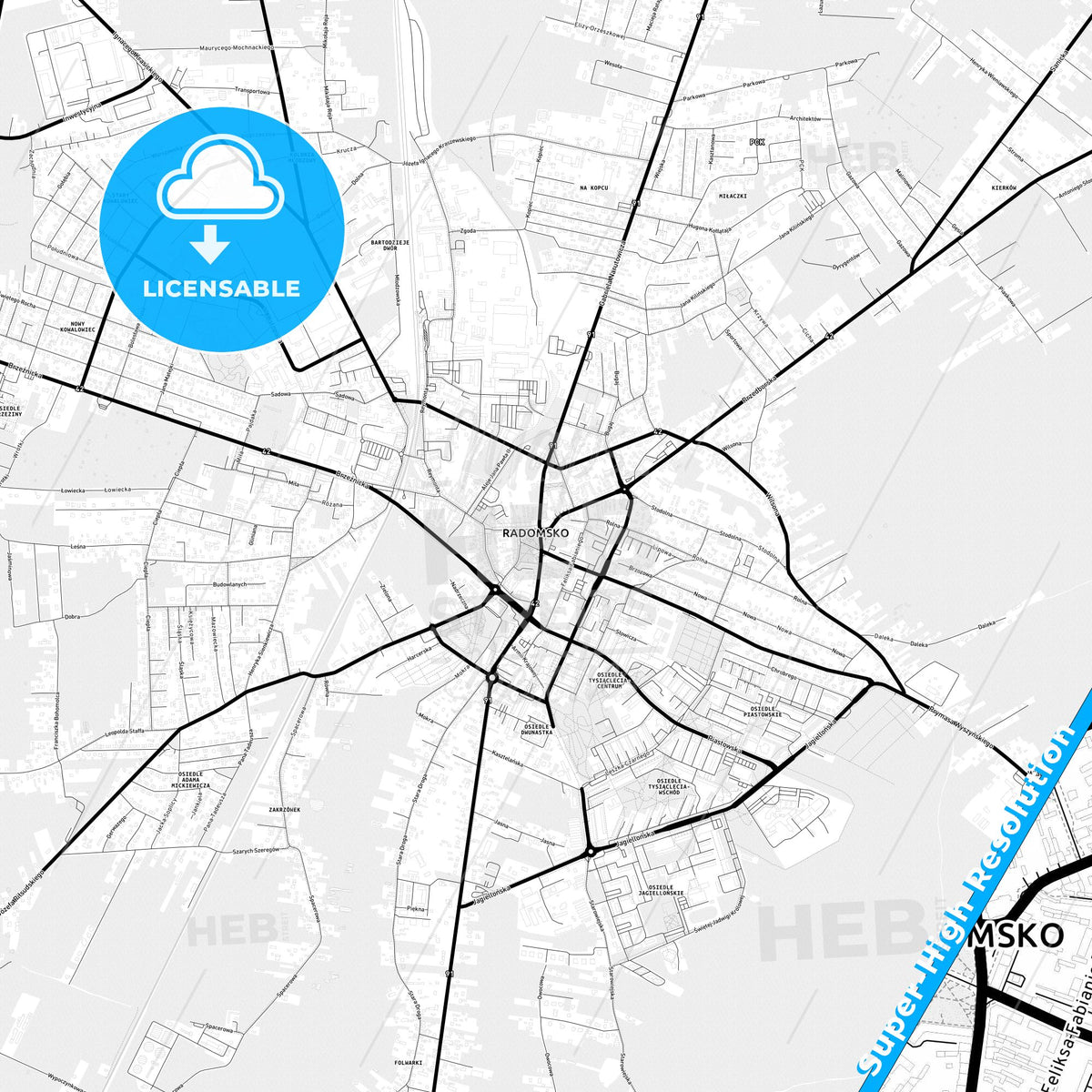 Radomsko, Poland Light Map with Street Names, City Names, and Districts