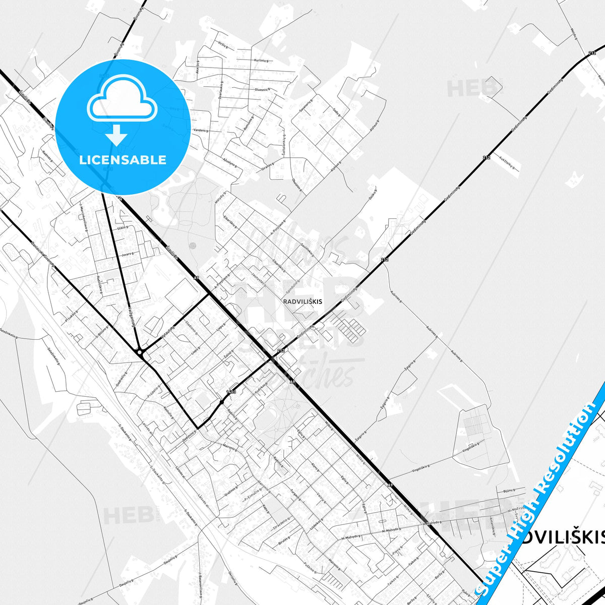 Radviliškis, Lithuania Light Map with Street Names, City Names, and Districts
