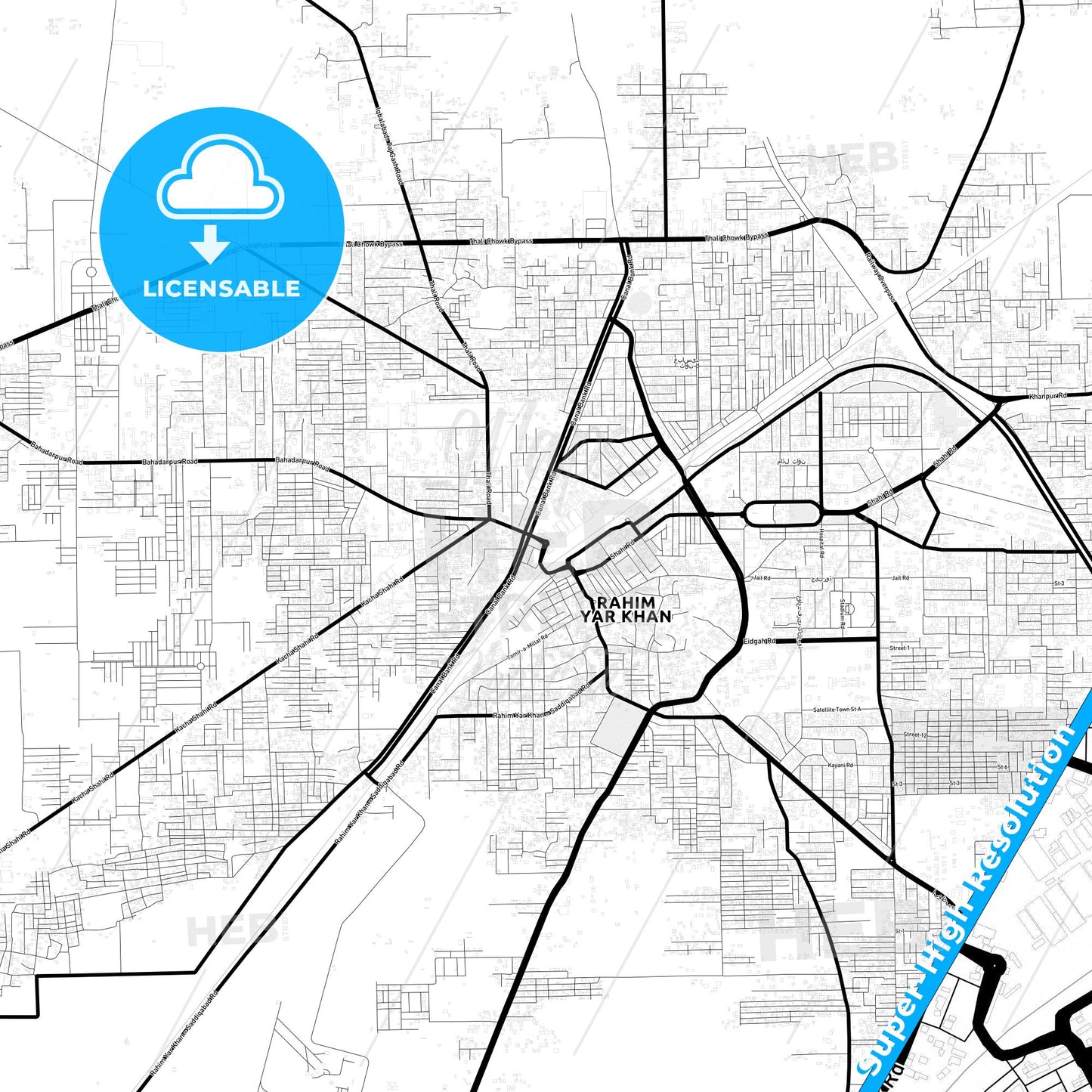 Rahim Yar Khan, Pakistan Light Map with Street Names, City Names, and Districts