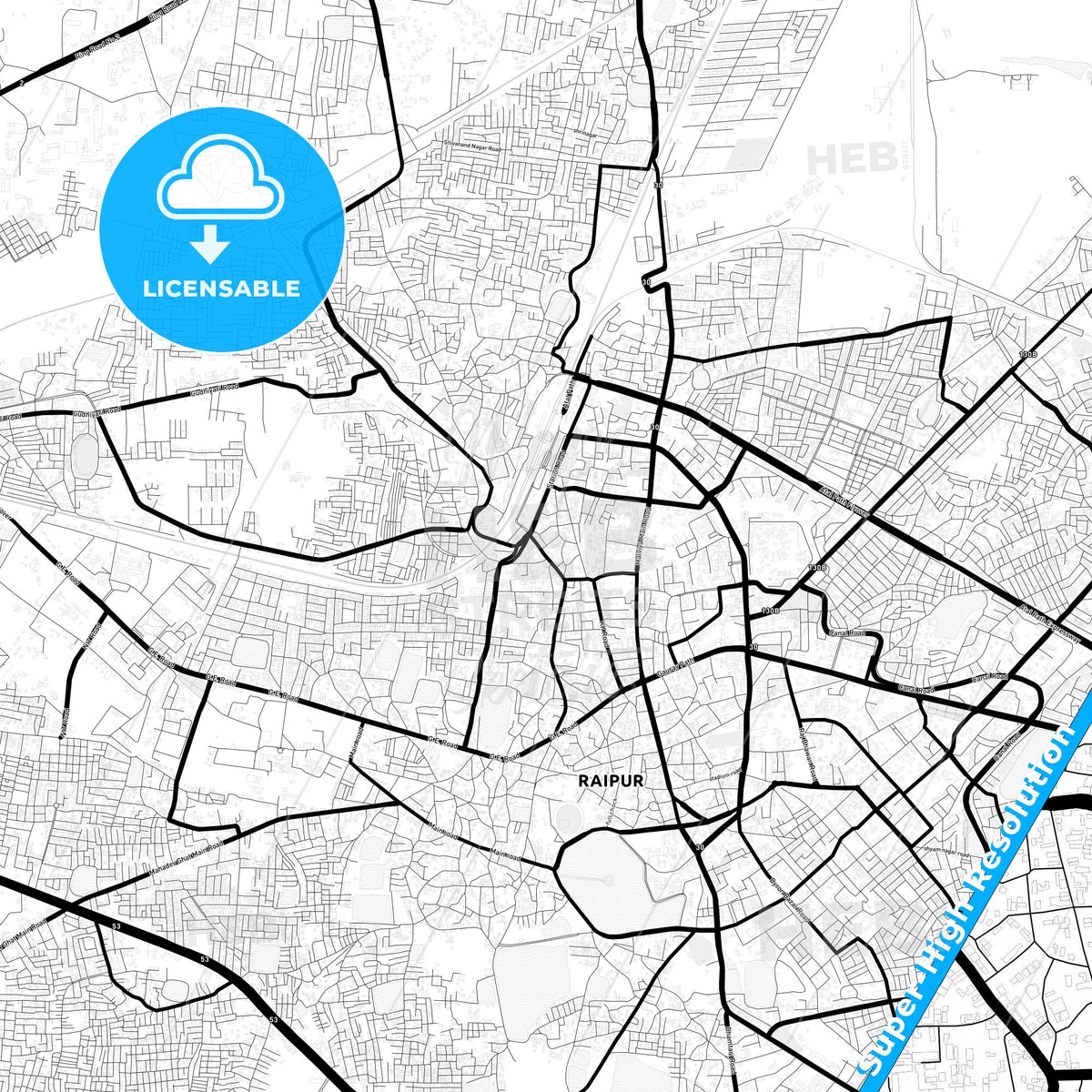 Raipur, India Light Map with Street Names, City Names, and Districts