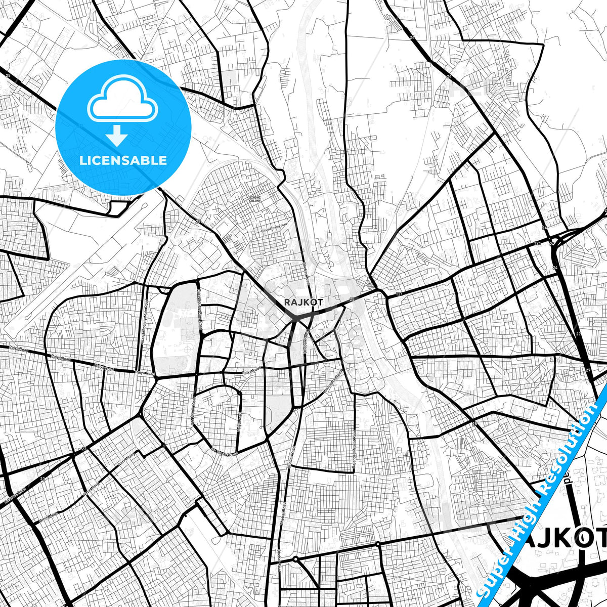 Rajkot, India Light Map with Street Names, City Names, and Districts