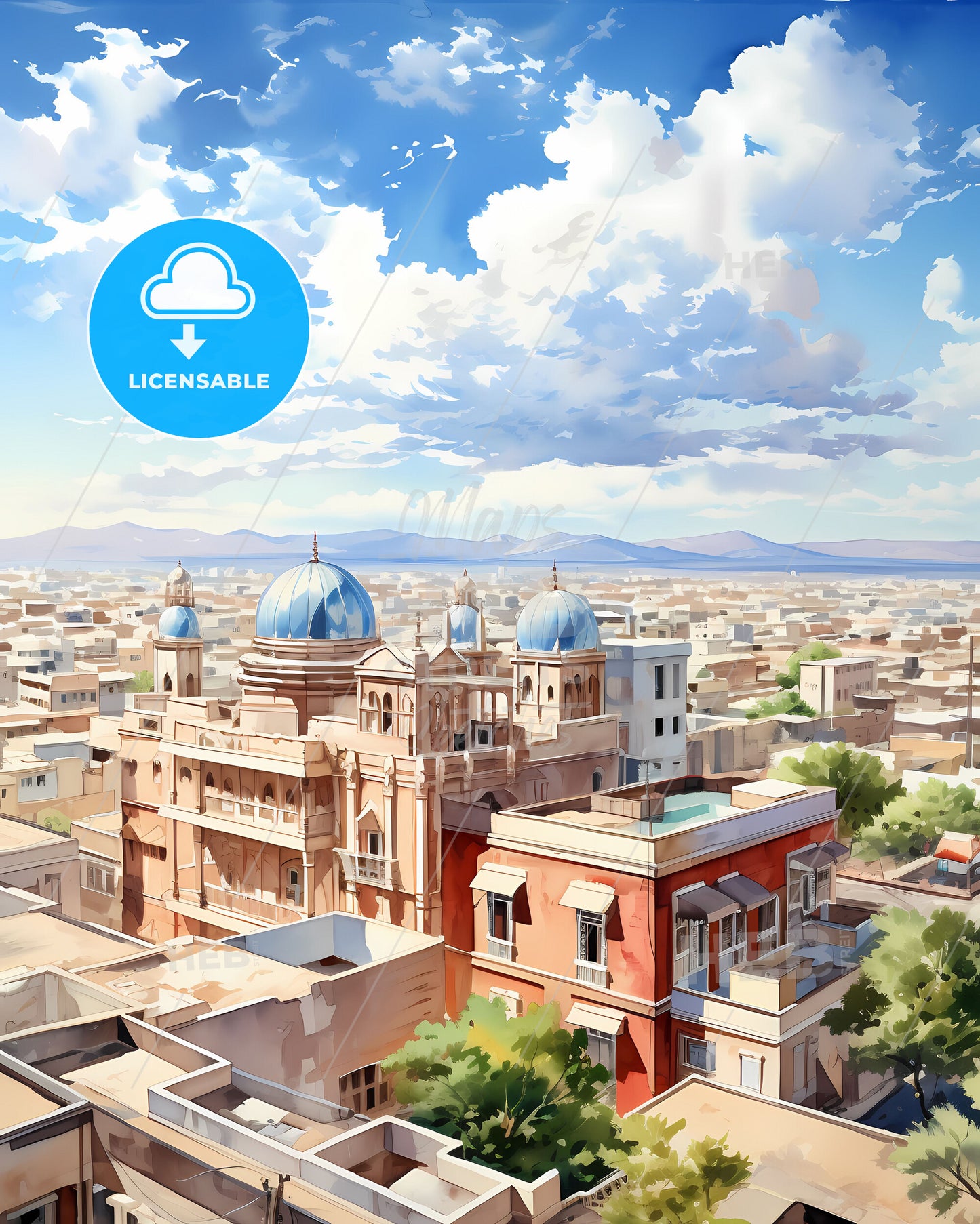 Rajkot City India Skyline Vibrant Painting with Modern Buildings and Lush Greenery