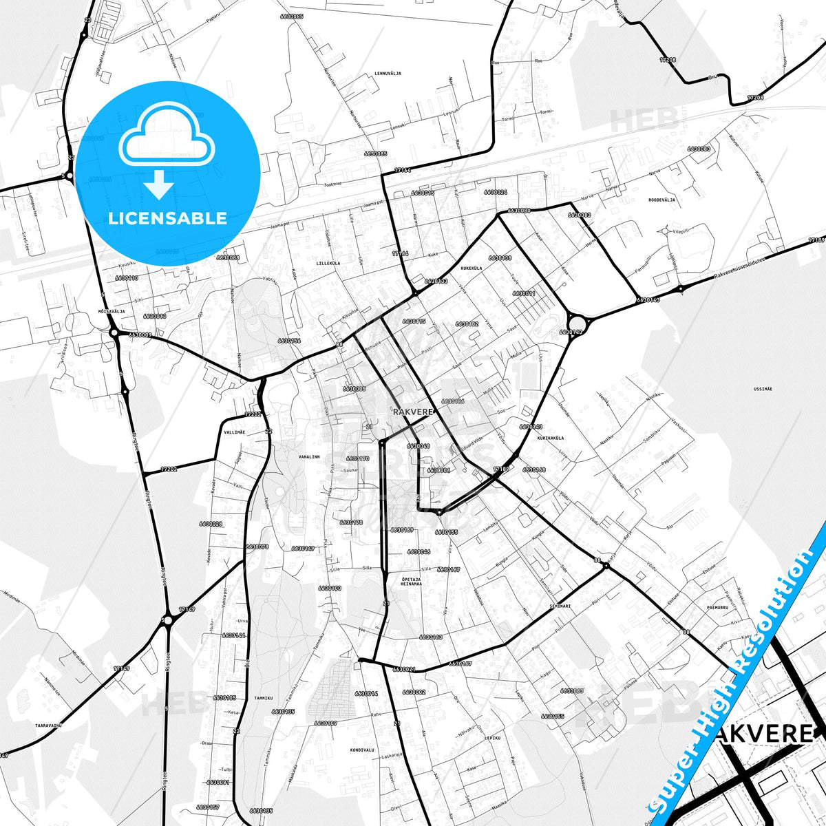 Rakvere, Estonia Light Map with Street Names, City Names, and Districts