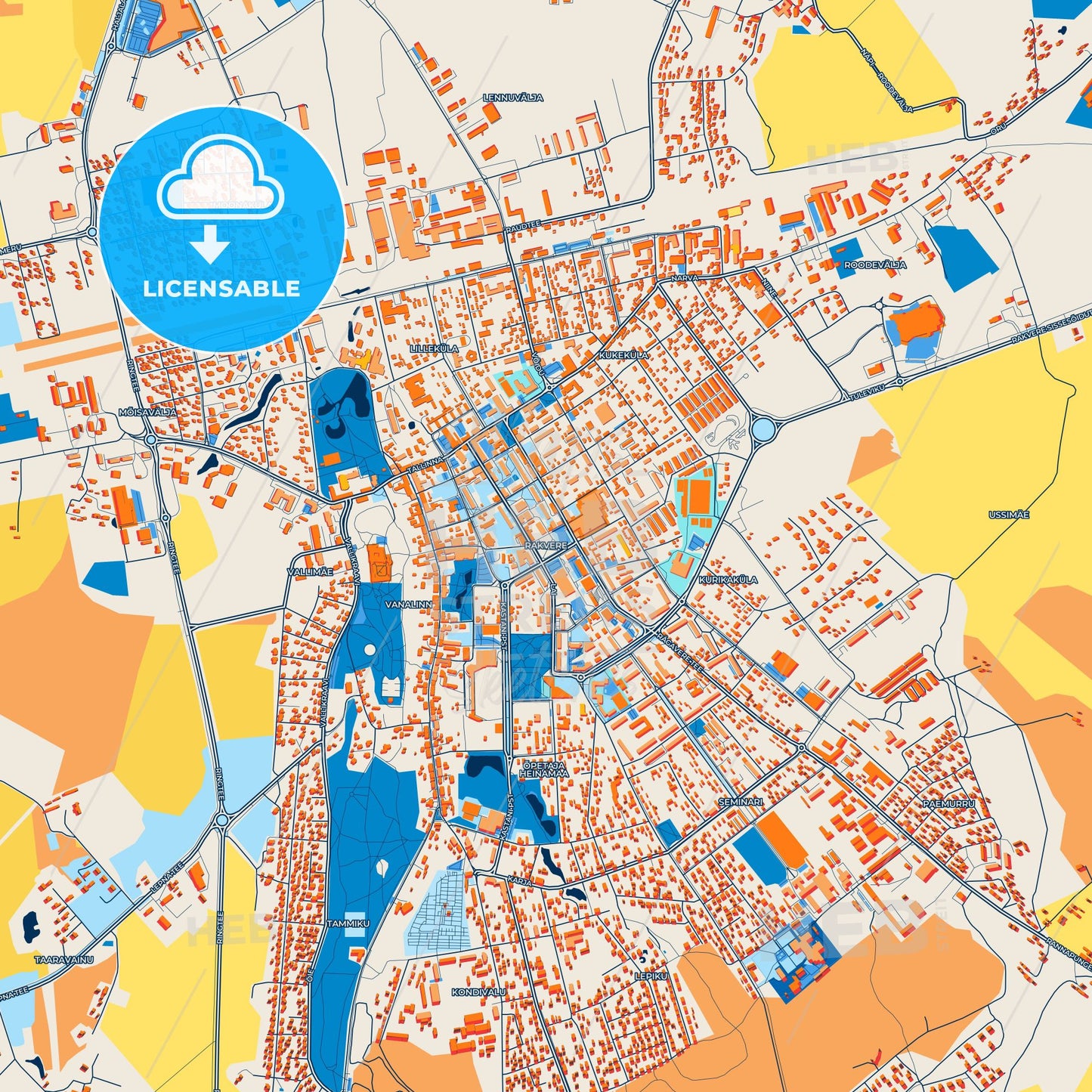 Colorful Rakvere Street Map with Labels and Buildings