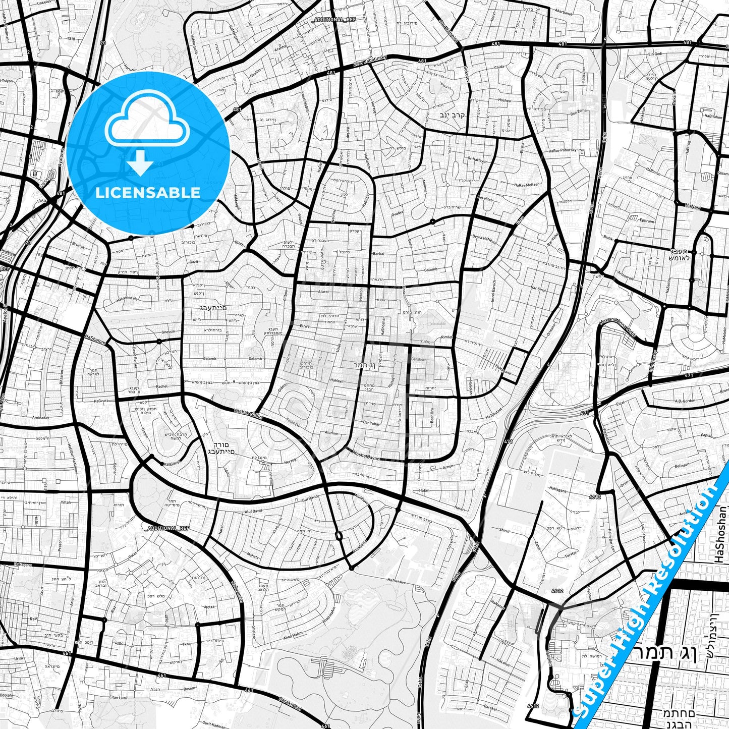 Ramat Gan, Israel Light Map with Street Names, City Names, and Districts