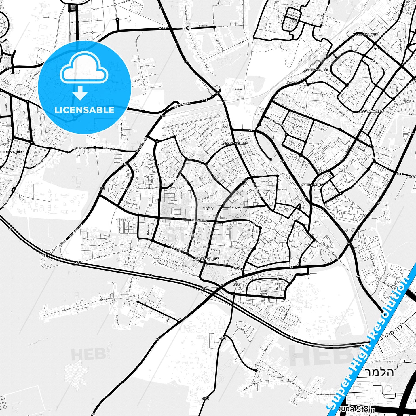 Ramla, Israel Light Map with Street Names, City Names, and Districts