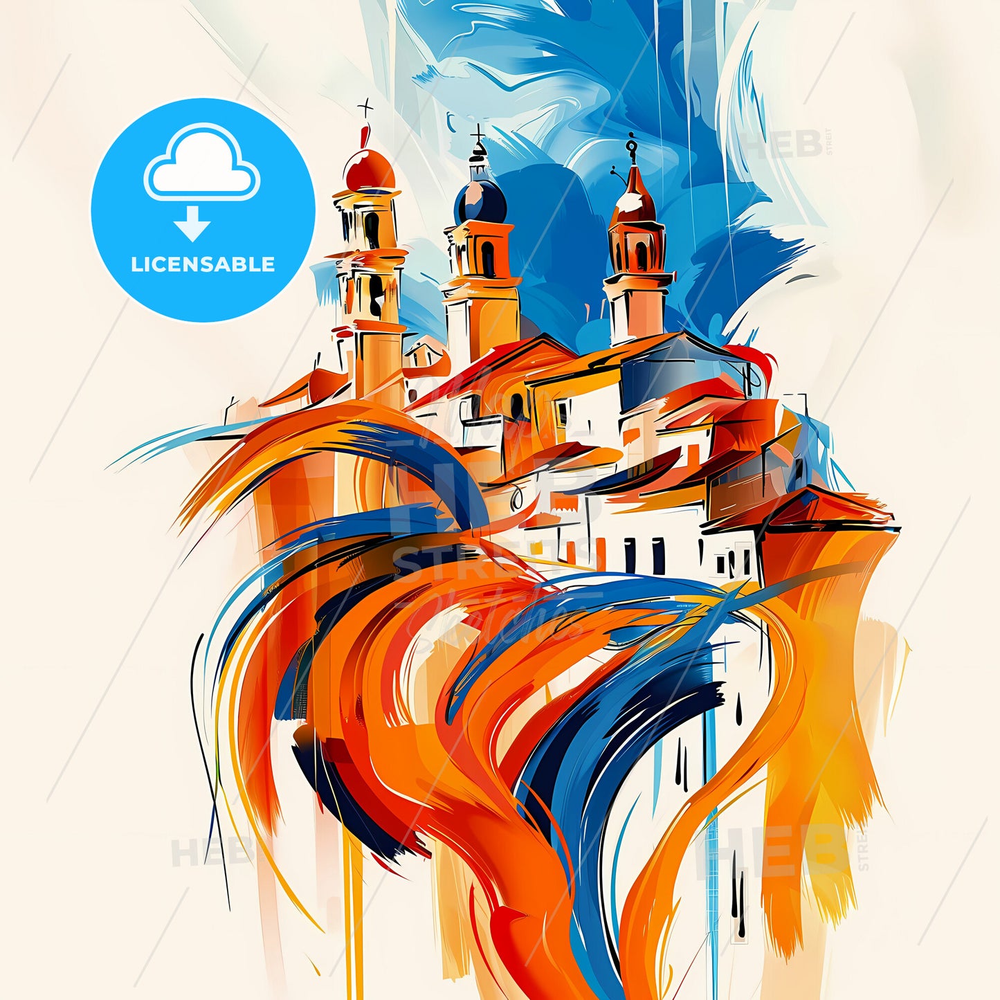 Vibrant Ramla, Israel - A Painting Of A Building With Towers And A Blue And Orange Sky