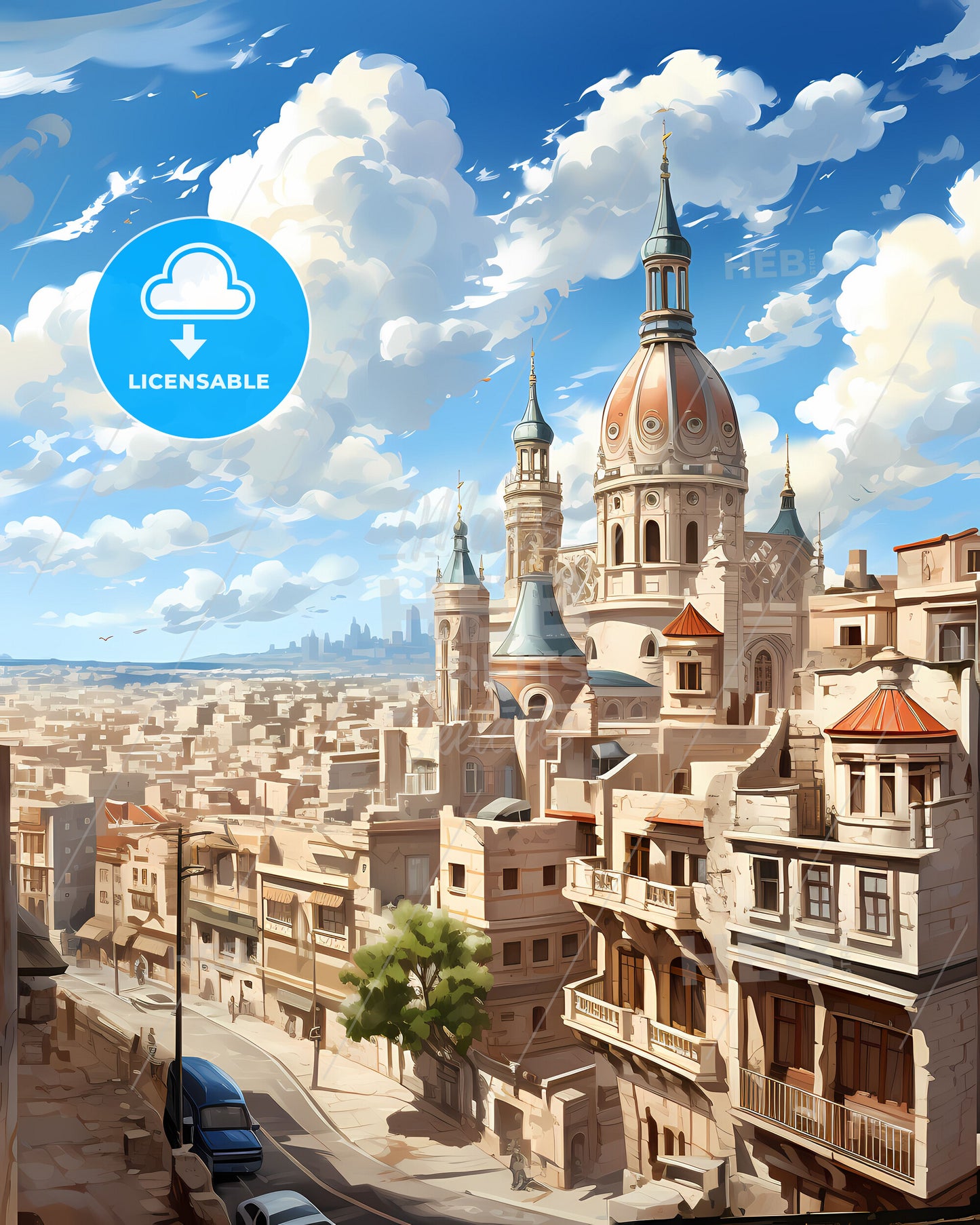 Vibrant Painting of Ramla Israel Skyline Showcasing City's Towering Architecture