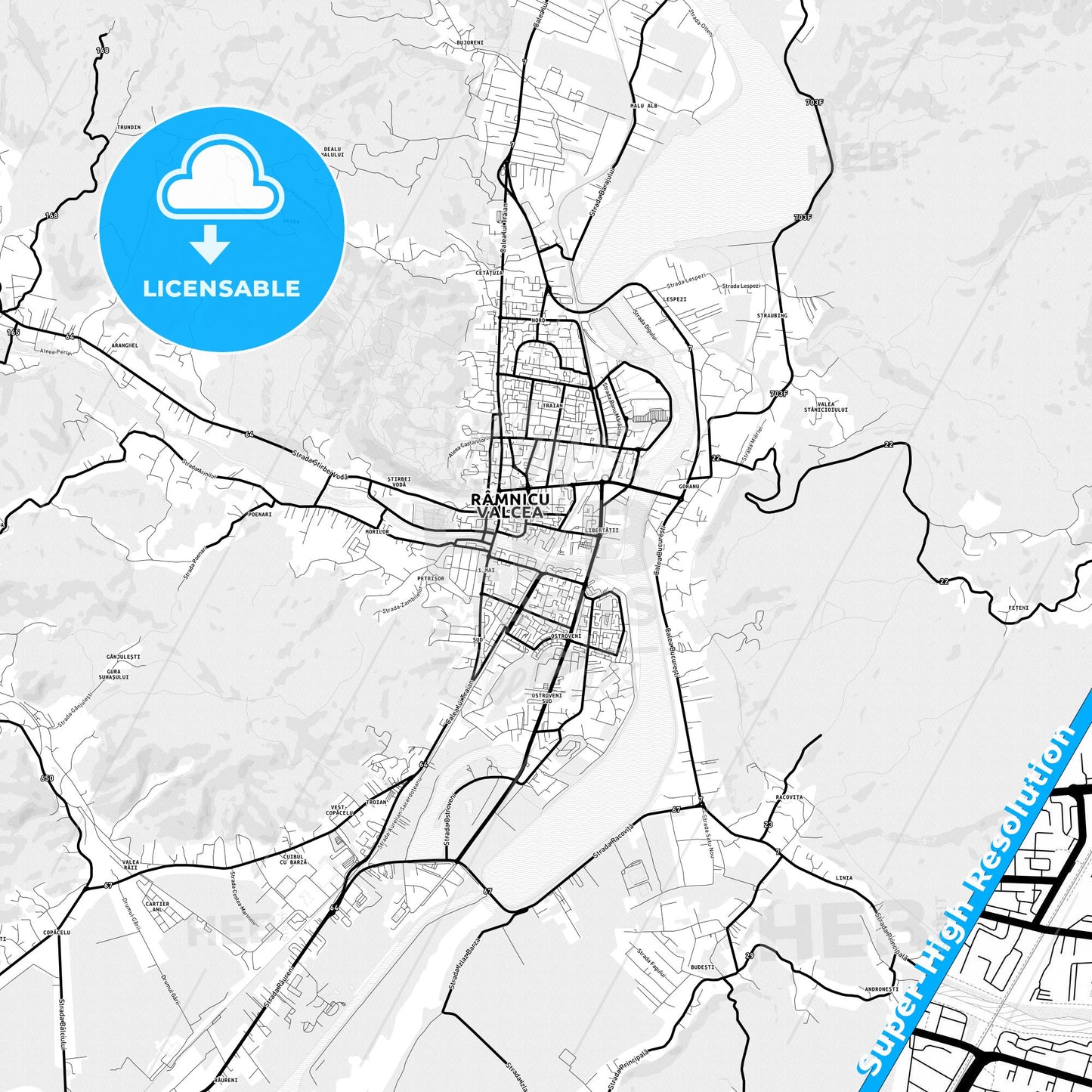 Râmnicu Vâlcea, Romania Light Map with Street Names, City Names, and Districts