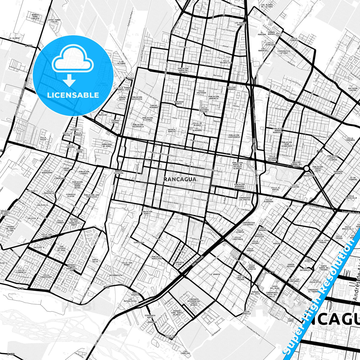 Rancagua, Chile Light Map with Street Names, City Names, and Districts