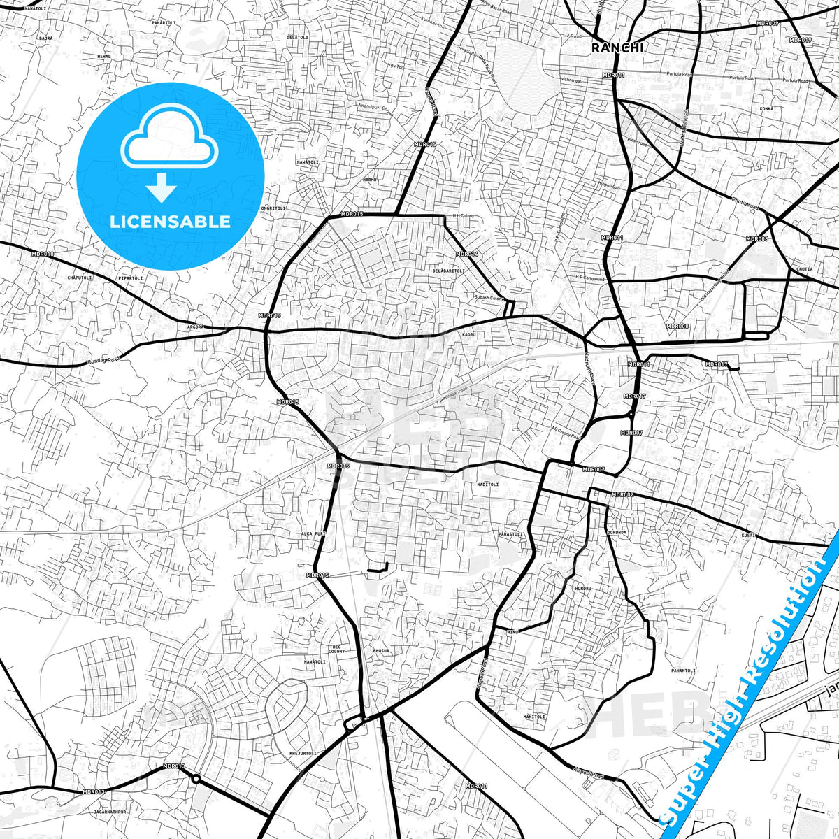 Ranchi, India Light Map with Street Names, City Names, and Districts