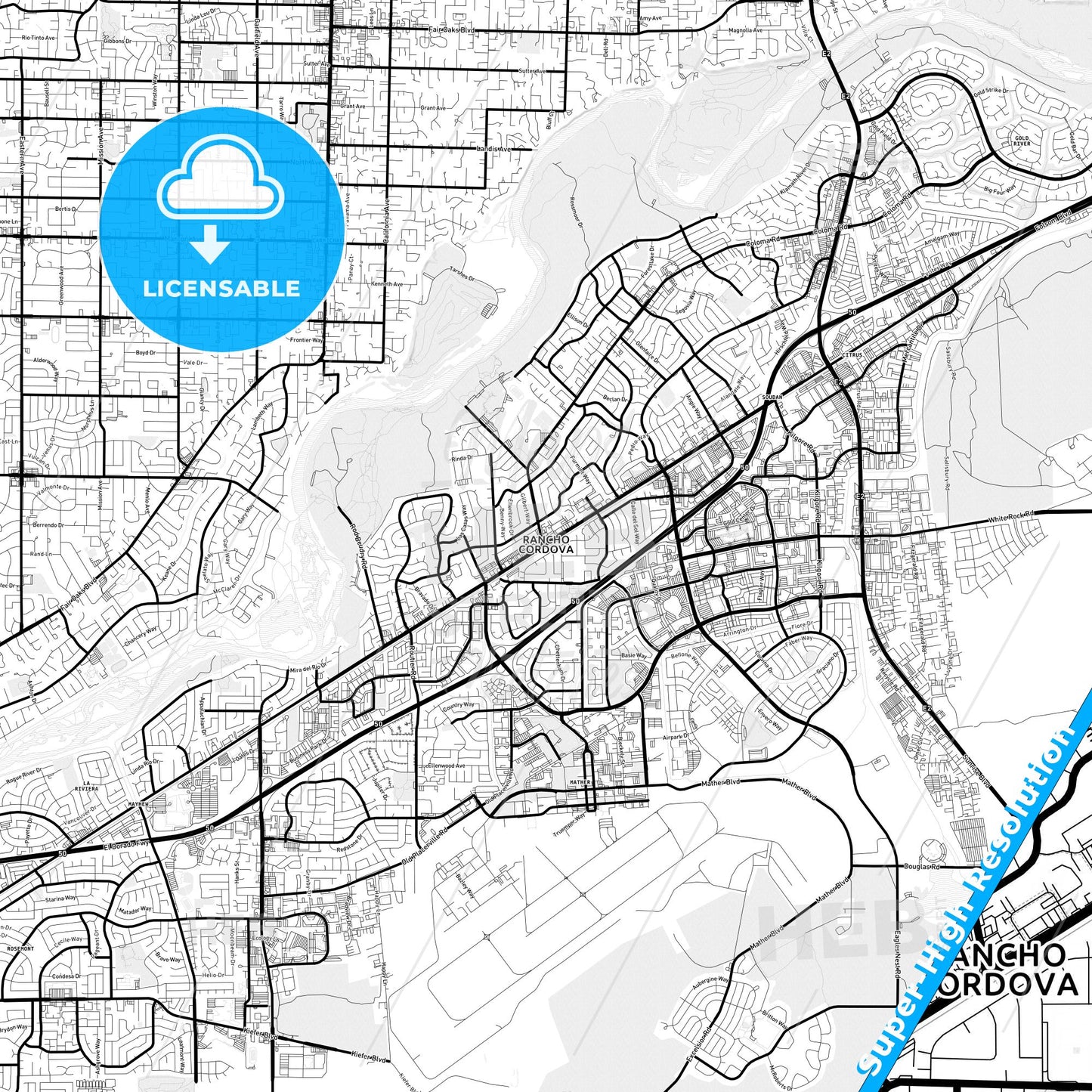 Rancho Cordova, California Light Map with Street Names, City Names, and Districts