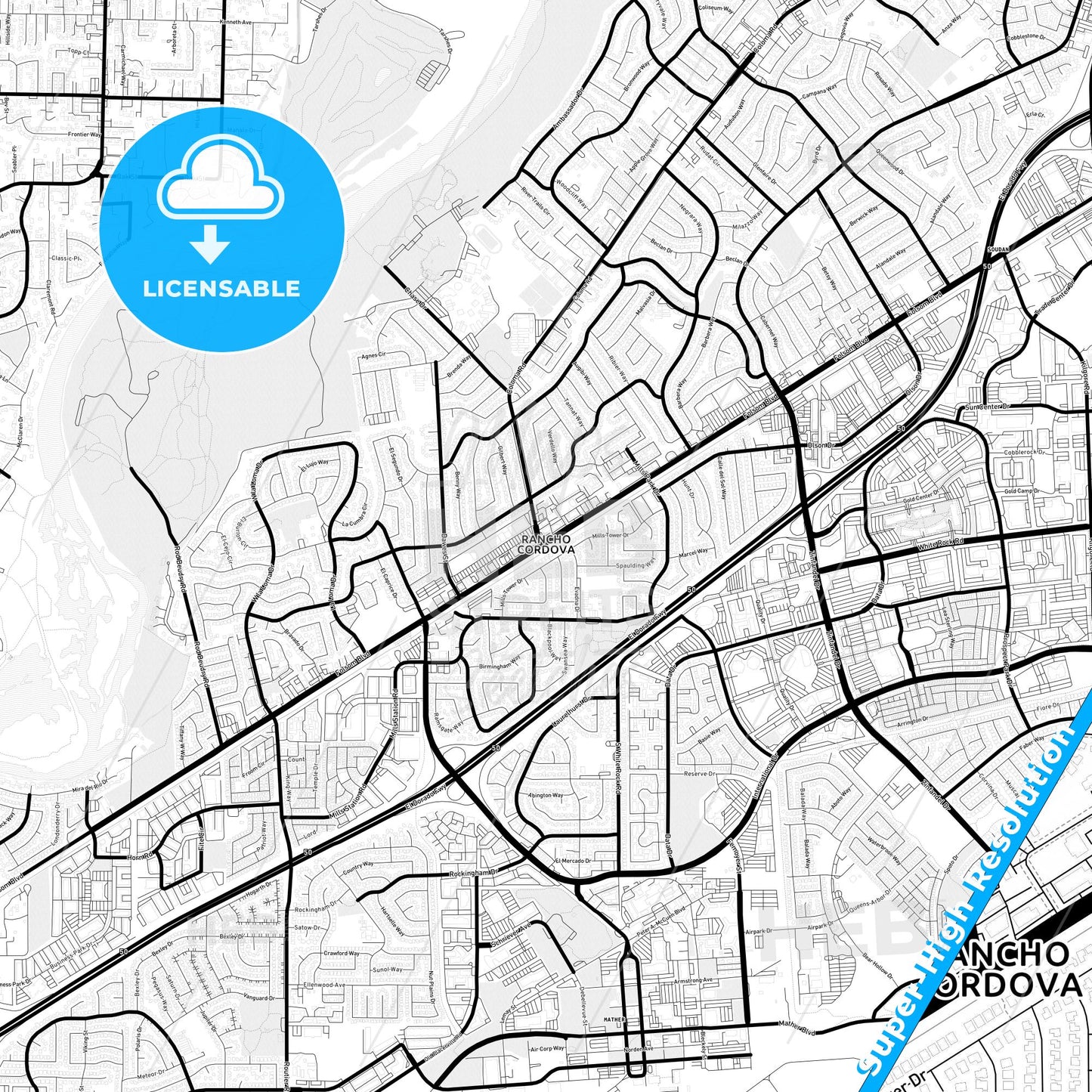 Rancho Cordova, California Light Map with Street Names, City Names, and Districts