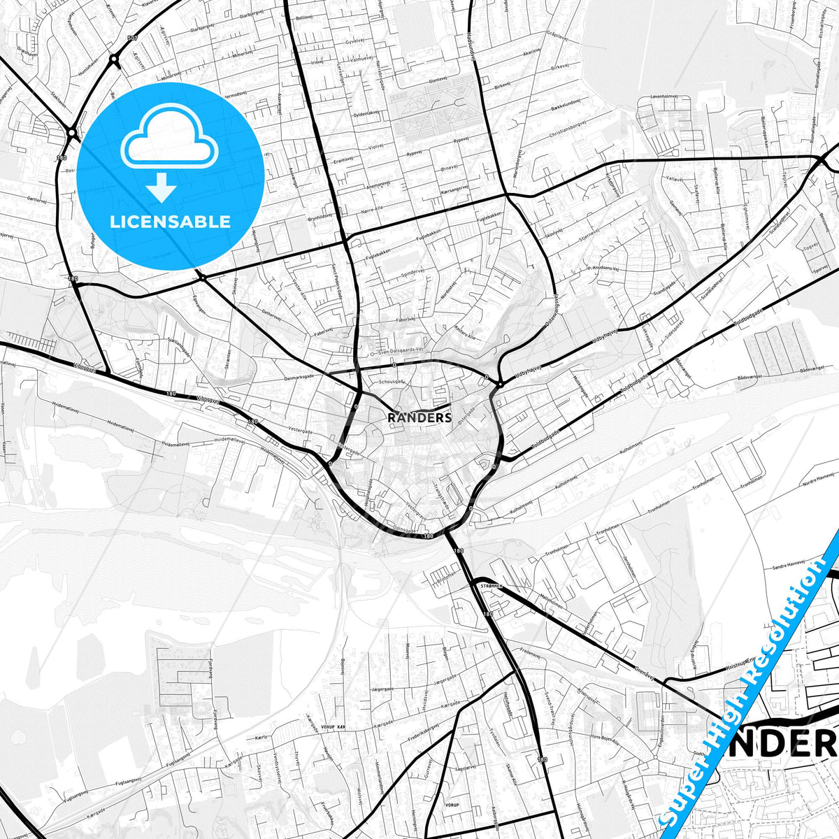 Randers, Denmark Light Map with Street Names, City Names, and Districts