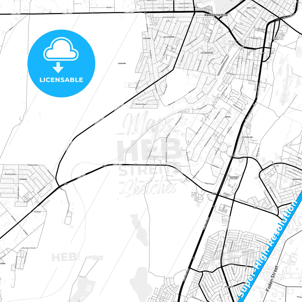 Randfontein, South Africa Light Map with Street Names, City Names, and Districts