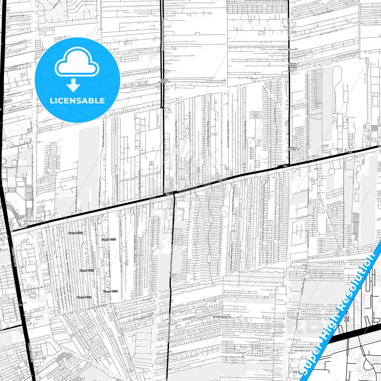 Rangsit, Thailand Light Map with Street Names, City Names, and Districts